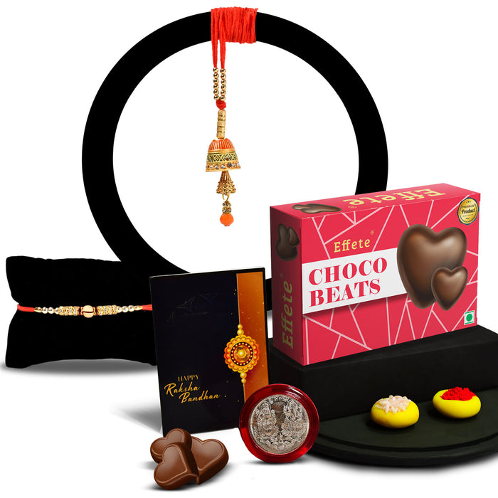 Traditional Rakhi With 3 Diamond With Effete Choco Beats Chocolate 32Gm ,Silver Color Pooja Coin, Roli Chawal & Greeting Card