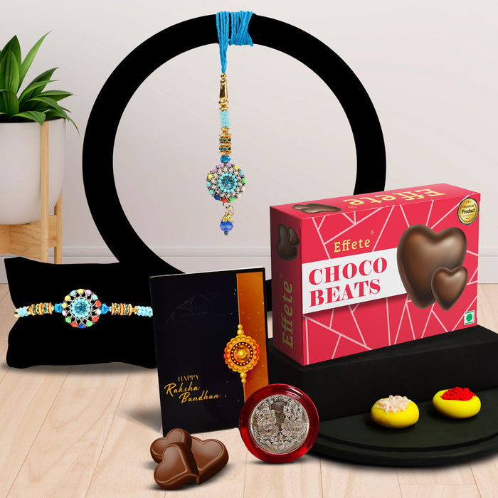 Flower Design With Diamond With Effete Choco Beats Chocolate 32Gm ,Silver Color Pooja Coin, Roli Chawal & Greeting Card