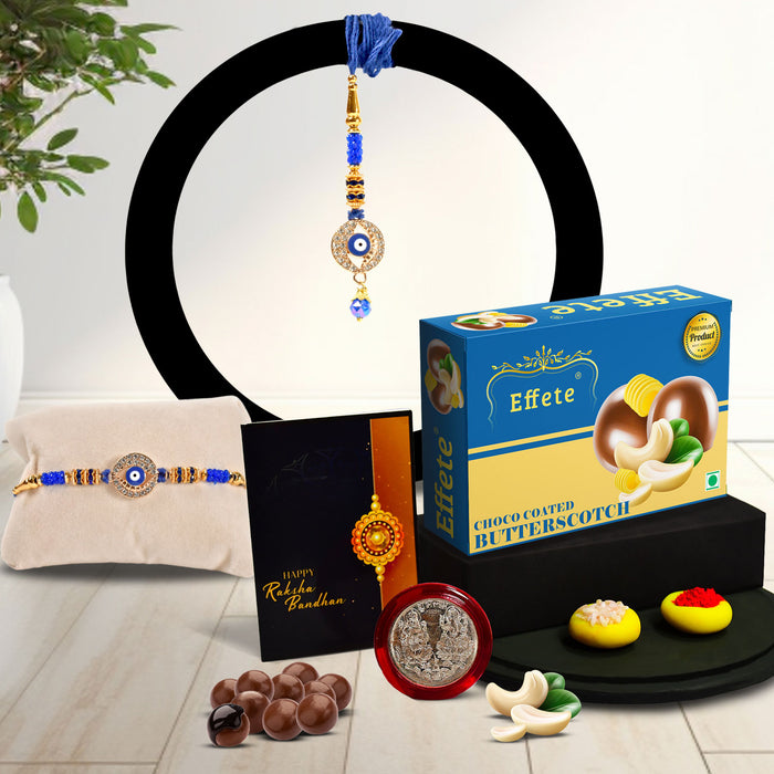 Square Traditional Rakhi With Diamond With Effete Butterscotch Chocolate 32Gm ,Silver Color Pooja Coin, Roli Chawal & Greeting Card