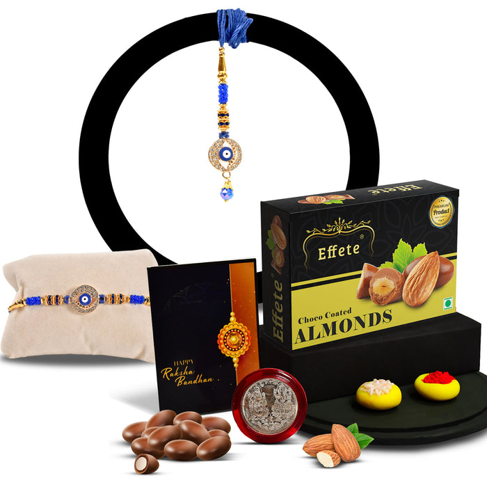 Square Traditional Rakhi With Diamond With Effete Choco Almond Chocolate 32Gm ,Silver Color Pooja Coin, Roli Chawal & Greeting Card