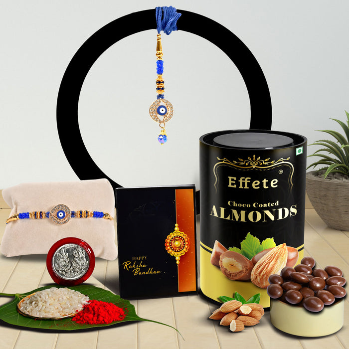 Square Traditional Rakhi With Diamond With Effete Choco Almond Chocolate 96Gm ,Silver Color Pooja Coin, Roli Chawal & Greeting Card