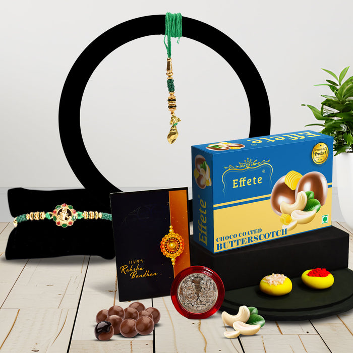 Bro Square Rakhi With Effete Butterscotch Chocolate 32Gm ,Silver Color Pooja Coin, Roli Chawal & Greeting Card
