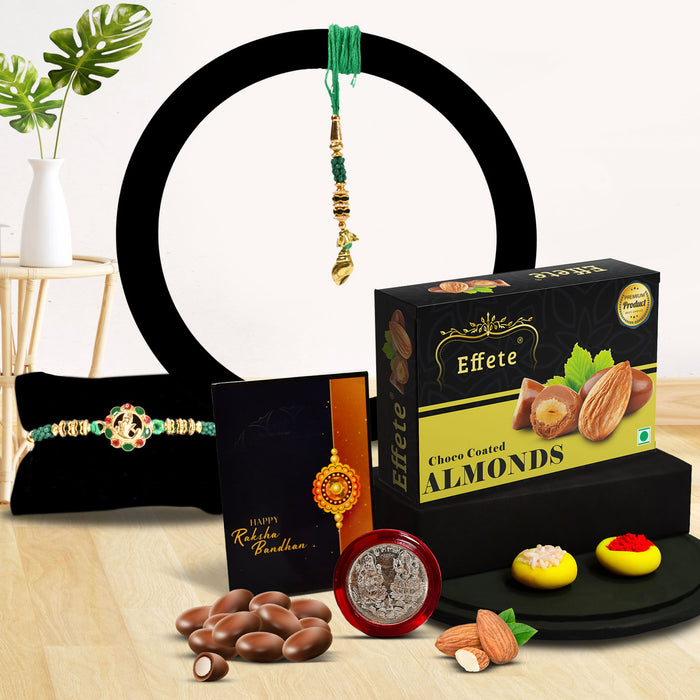Bro Square Rakhi With Effete Choco Almond Chocolate 32Gm ,Silver Color Pooja Coin, Roli Chawal & Greeting Card
