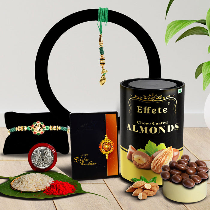 Bro Square Rakhi With Effete Choco Almond Chocolate 96Gm ,Silver Color Pooja Coin, Roli Chawal & Greeting Card
