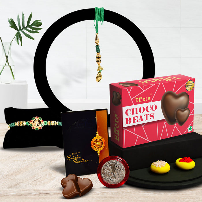Bro Square Rakhi With Effete Choco Beats Chocolate 32Gm ,Silver Color Pooja Coin, Roli Chawal & Greeting Card