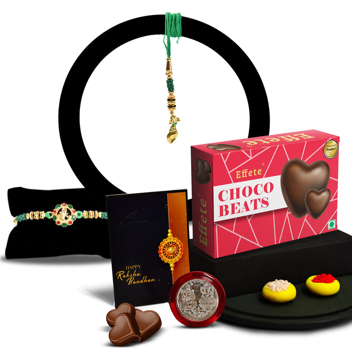 Bro Square Rakhi With Effete Choco Beats Chocolate 32Gm ,Silver Color Pooja Coin, Roli Chawal & Greeting Card