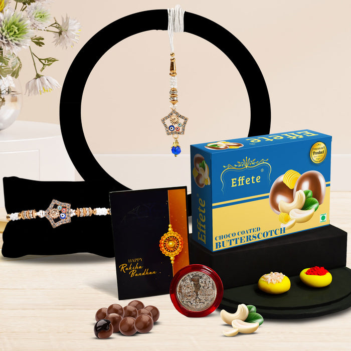 Colorful Mina And Diamond Round Traditional Rakhi With Effete Butterscotch Chocolate 32Gm ,Silver Color Pooja Coin, Roli Chawal & Greeting Card