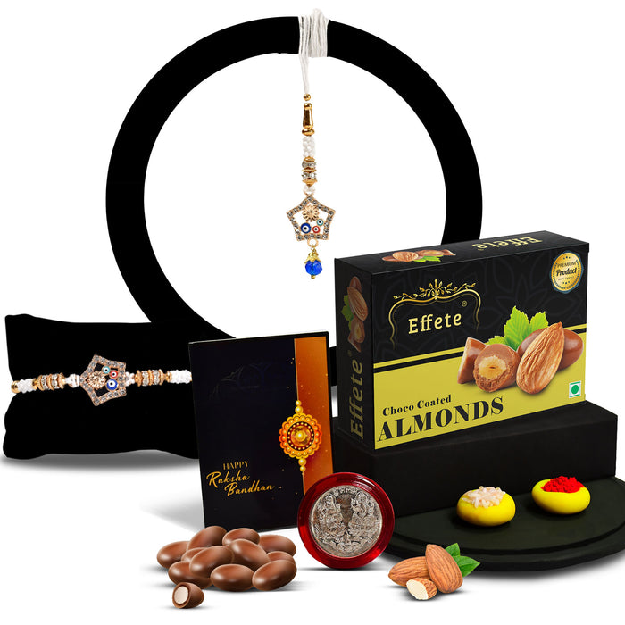Colorful Mina And Diamond Round Traditional Rakhi With Effete Choco Almond Chocolate 32Gm ,Silver Color Pooja Coin, Roli Chawal & Greeting Card