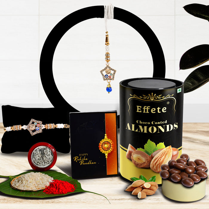 Colorful Mina And Diamond Round Traditional Rakhi With Effete Choco Almond Chocolate 96Gm ,Silver Color Pooja Coin, Roli Chawal & Greeting Card
