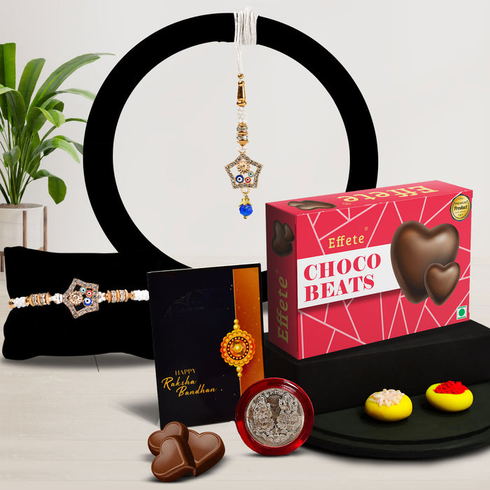 Colorful Mina And Diamond Round Traditional Rakhi With Effete Choco Beats Chocolate 32Gm ,Silver Color Pooja Coin, Roli Chawal & Greeting Card