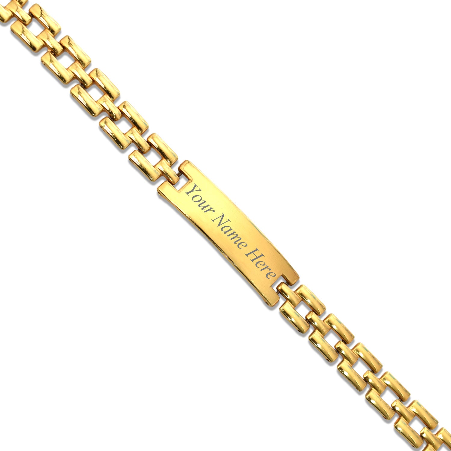 Polished customized engraved bracelet with a sleek plate design.