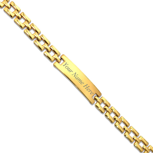 Polished customized engraved bracelet with a sleek plate design.