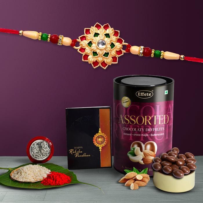 Rakhi Combo with Effete Assorted Chocolate Dry fruits 96gm, Silver Color Pooja Coin, Roli Chawal & Greeting Card