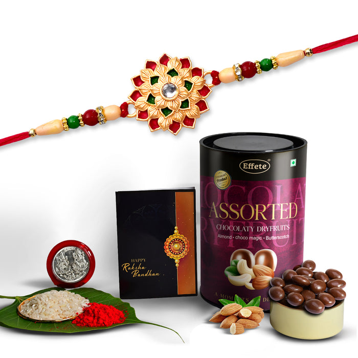 Rakhi Combo with Effete Assorted Chocolate Dry fruits 96gm, Silver Color Pooja Coin, Roli Chawal & Greeting Card