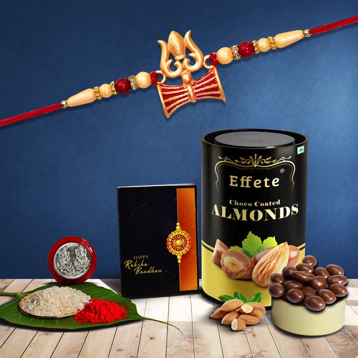 Damru Design With Trishul With Effete Choco Almond Chocolate 96Gm ,Silver Color Pooja Coin, Roli Chawal & Greeting Card