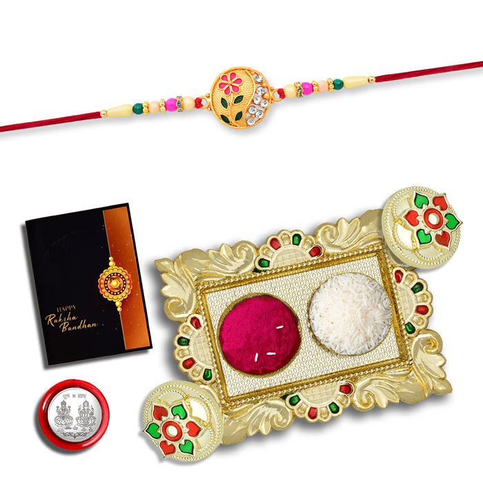 Flower Diamond Rakhi With Red And Green Mina With Square Pooja Thali Set ,Silver Color Pooja Coin, Roli Chawal & Greeting Card