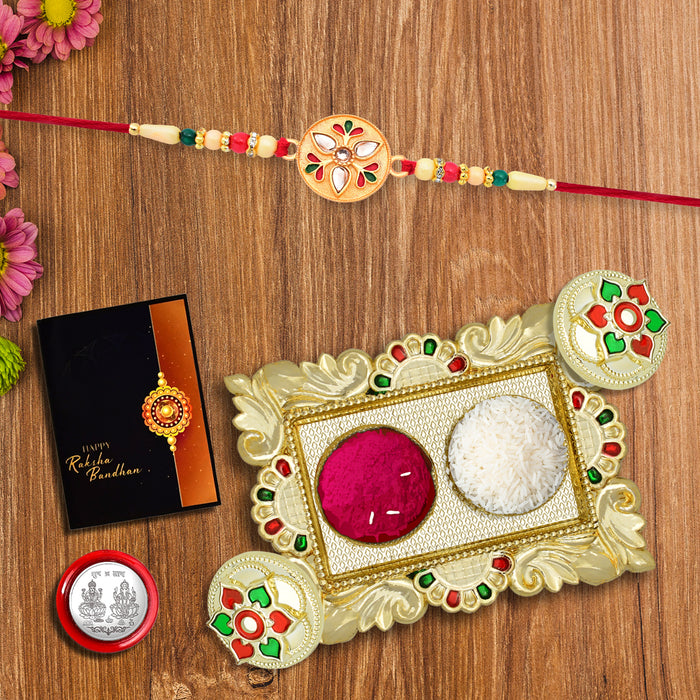 Kumbh Design Rakhi With Diamond With Square Pooja Thali Set ,Silver Color Pooja Coin, Roli Chawal & Greeting Card