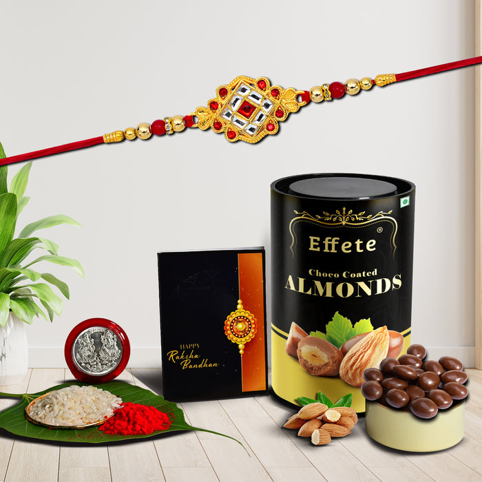 Circle Design With Red & Green Beads With Effete Choco Almond Chocolate 96Gm ,Silver Color Pooja Coin, Roli Chawal & Greeting Card