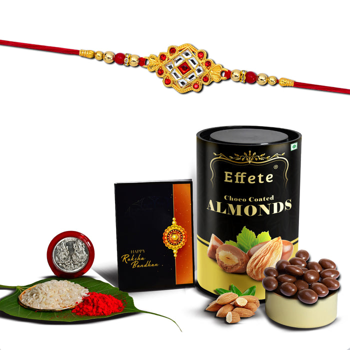 Circle Design With Red & Green Beads With Effete Choco Almond Chocolate 96Gm ,Silver Color Pooja Coin, Roli Chawal & Greeting Card