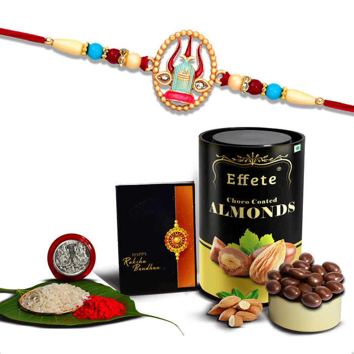 Trishul Design With Colorful Beads With Effete Choco Almond Chocolate 96Gm ,Silver Color Pooja Coin, Roli Chawal & Greeting Card
