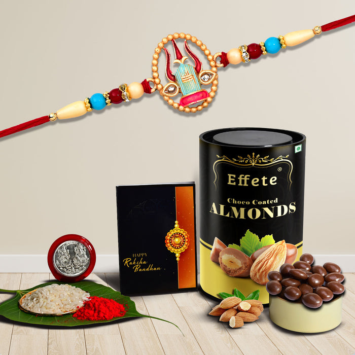 Trishul Design With Colorful Beads With Effete Choco Almond Chocolate 96Gm ,Silver Color Pooja Coin, Roli Chawal & Greeting Card