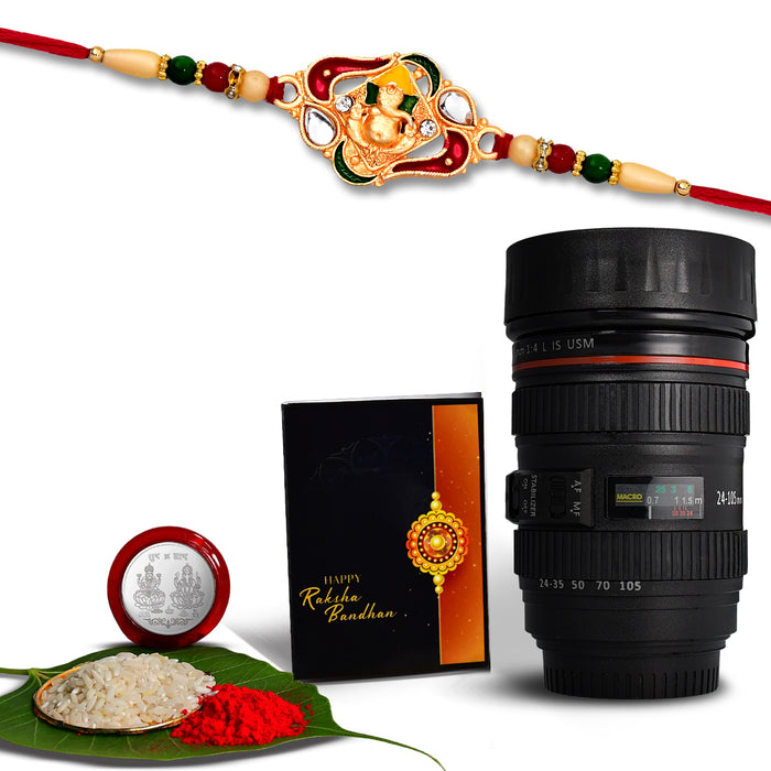 Ganesh Red Mina Rakhi With Diamond With Coffee Camera Lense Mug ,Silver Color Pooja Coin, Roli Chawal & Greeting Card