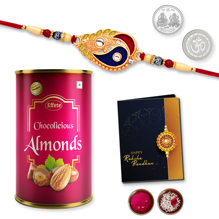 Classic Design With Red & Blue Stone With Effete Choco Almond Chocolate 96Gm ,Silver Color Pooja Coin, Roli Chawal & Greeting Card