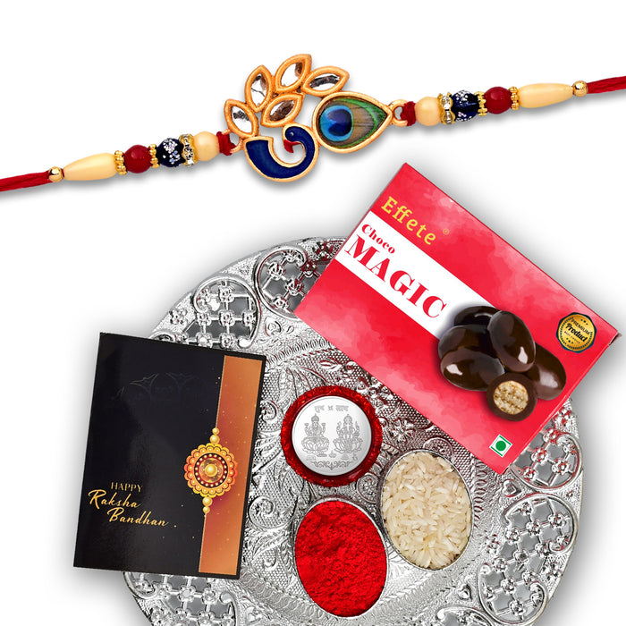 Beautiful Mor With Morpichh Rakhi With Effete Choco Magic Chocolate 32Gm With Pooja Thali ,Silver Color Pooja Coin, Roli Chawal & Greeting Card