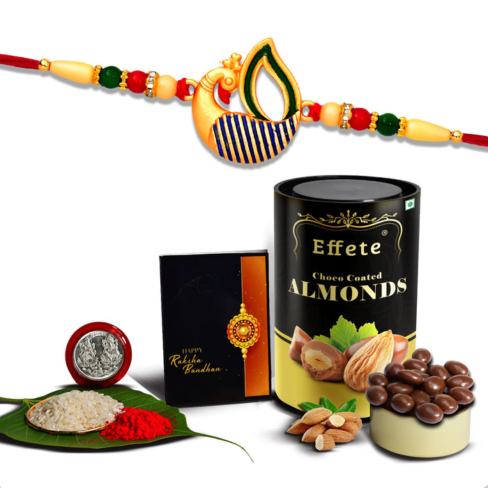 Peacock Design With Red & Green Mina With Effete Choco Almond Chocolate 96Gm ,Silver Color Pooja Coin, Roli Chawal & Greeting Card