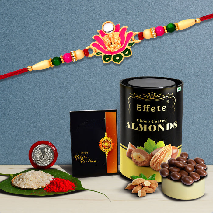 Lotus Flower Design With Beads With Effete Choco Almond Chocolate 96Gm ,Silver Color Pooja Coin, Roli Chawal & Greeting Card