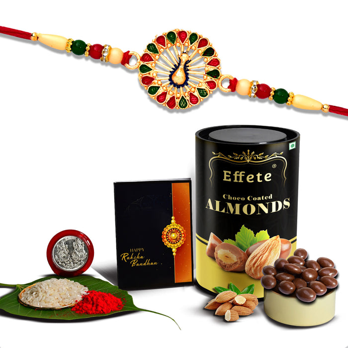 Peacock In Circle With Red & Green Mina With Effete Choco Almond Chocolate 96Gm ,Silver Color Pooja Coin, Roli Chawal & Greeting Card