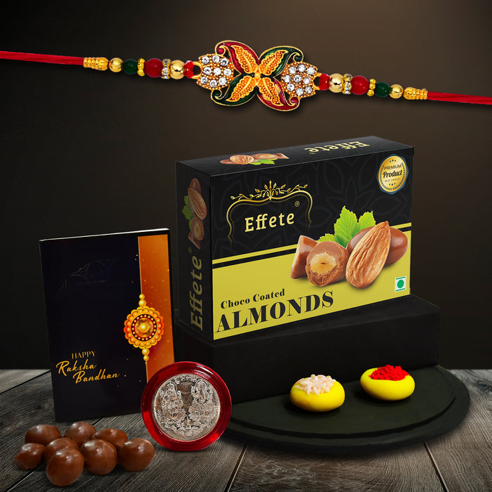 Classic Design With Red & Green Beads With Effete Choco Almond Chocolate 32Gm ,Silver Color Pooja Coin, Roli Chawal & Greeting Card