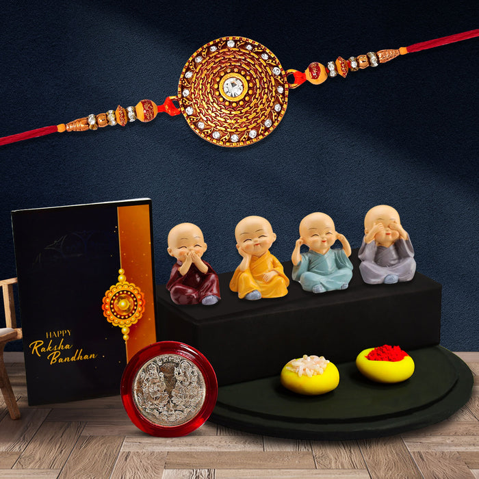 Traditional Round Shape Rakhi With Diamonds With Decorative Baby Buddha Gift ,Silver Color Pooja Coin, Roli Chawal & Greeting Card