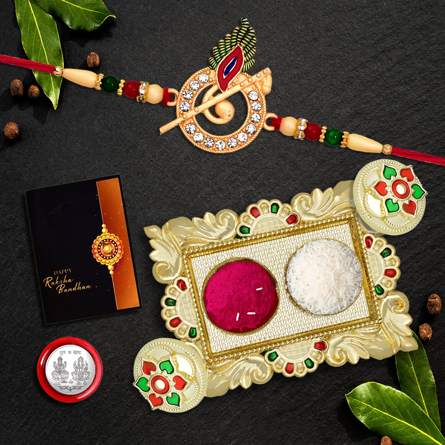 Krishna Flute Rakhi with Decorative Pooja Thali & Raksha Bandhan Gift Set