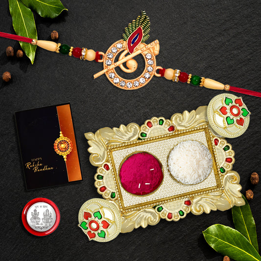Krishna Flute Rakhi with Decorative Pooja Thali & Raksha Bandhan Gift Set
