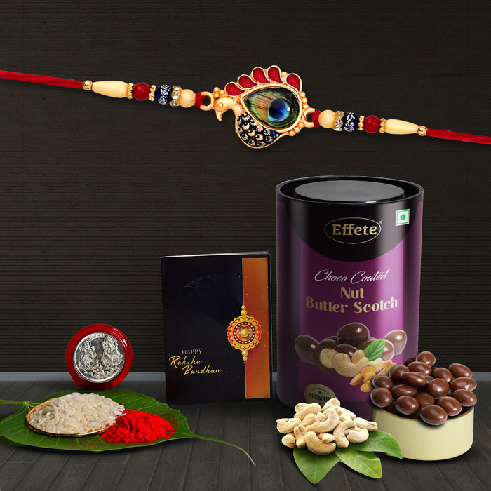 Pyari Bhabhi Design With Golden Beads With Effete Butterscotch Chocolate 96Gm ,Silver Color Pooja Coin, Roli Chawal & Greeting Card