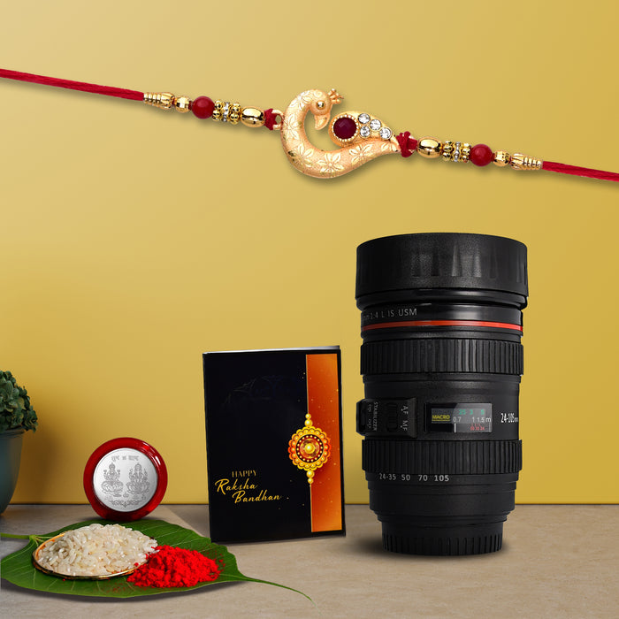 Bhari Acrylic Rakhi With Coffee Camera Lense Mug ,Silver Color Pooja Coin, Roli Chawal & Greeting Card