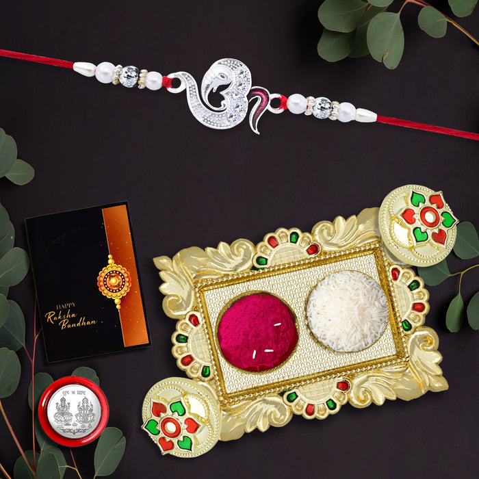 Silver Color Rakhi With Colorful Flower Mina With Square Pooja Thali Set ,Silver Color Pooja Coin, Roli Chawal & Greeting Card