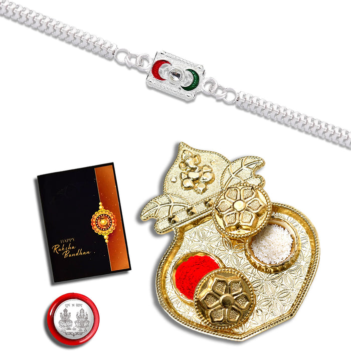 Silver Color With Square Design And Mina Work With Kalash Pooja Thali Set ,Silver Color Pooja Coin, Roli Chawal & Greeting Card