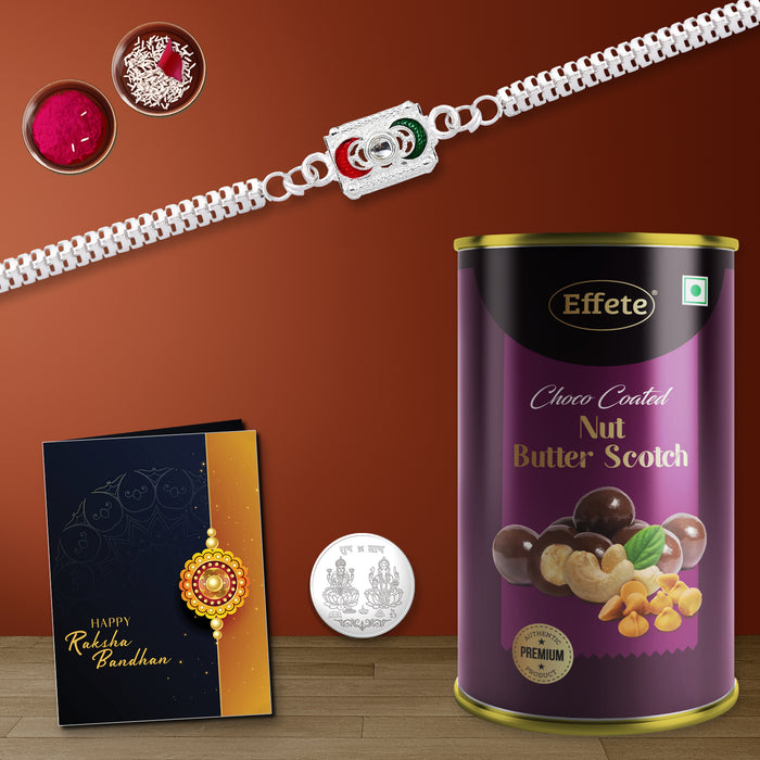 Red & Green Half Moon On Square Shape Bracelet With Effete Butterscotch Chocolate 96Gm ,Silver Color Pooja Coin, Roli Chawal & Greeting Card