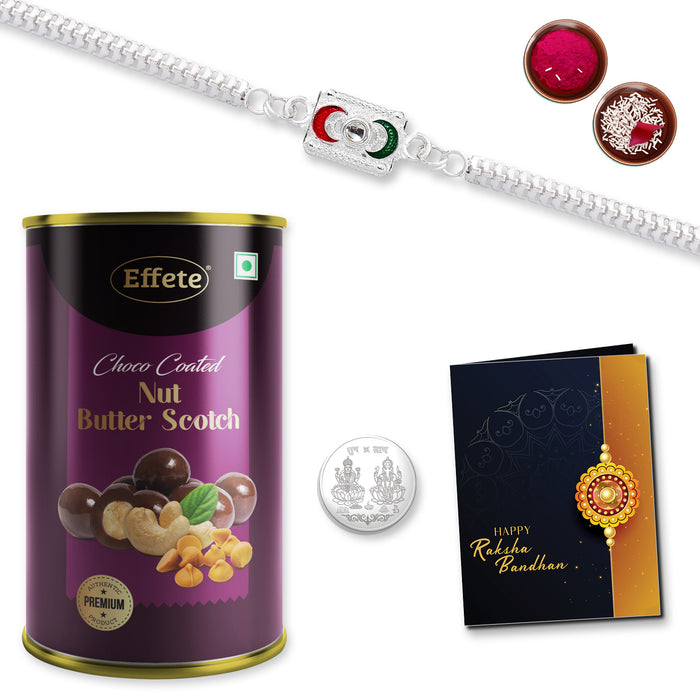Red & Green Half Moon On Square Shape Bracelet With Effete Butterscotch Chocolate 96Gm ,Silver Color Pooja Coin, Roli Chawal & Greeting Card