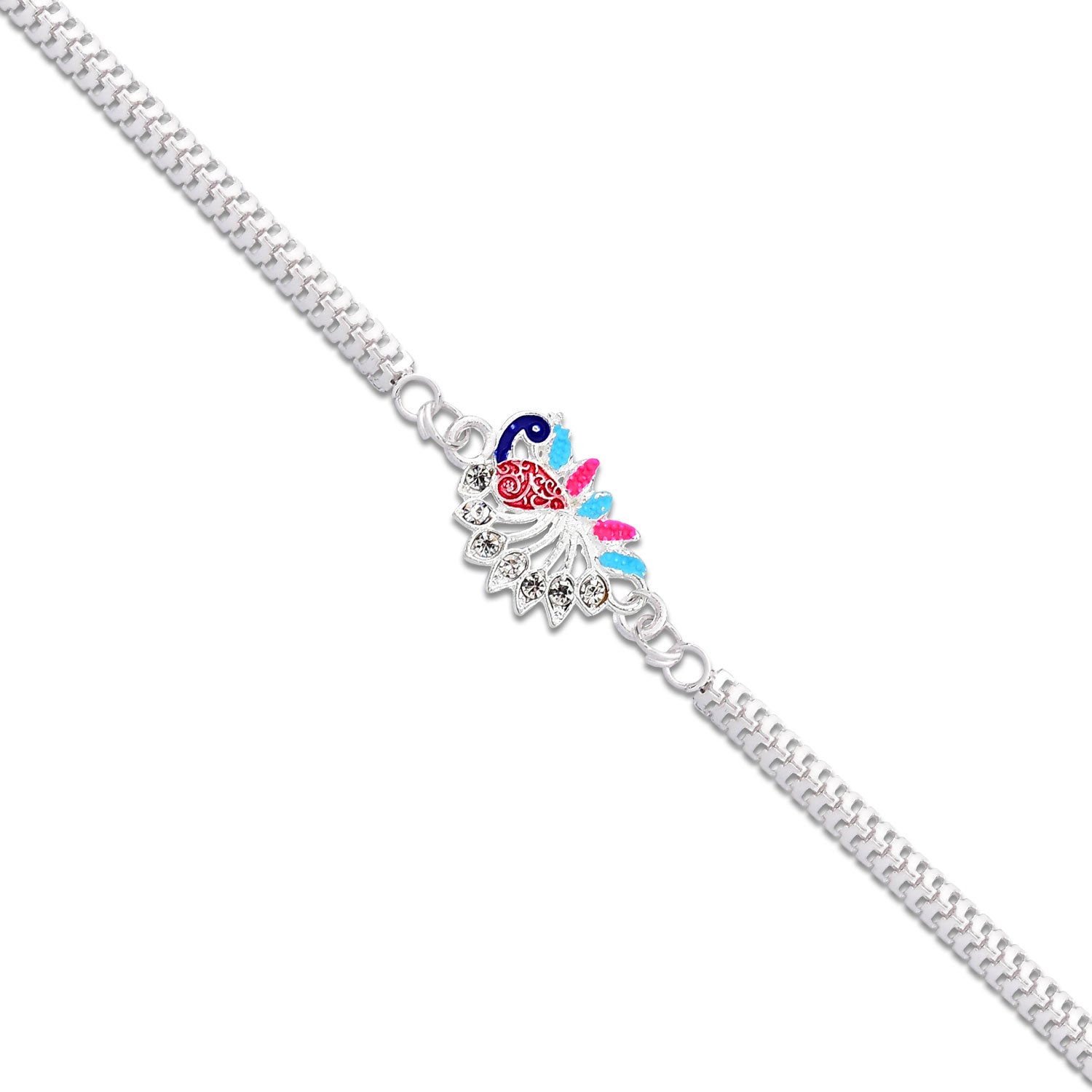 Colorful Peacock Design Rakhi with Enamel Finish and Silver-Tone Metal Chain