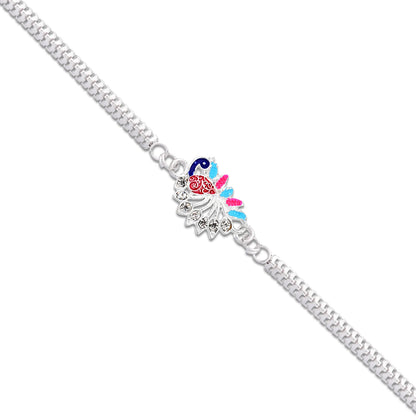 Colorful Peacock Design Rakhi with Enamel Finish and Silver-Tone Metal Chain
