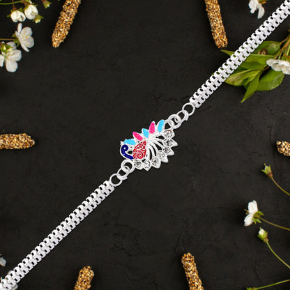 Colorful Peacock Design Rakhi with Enamel Finish and Silver-Tone Metal Chain