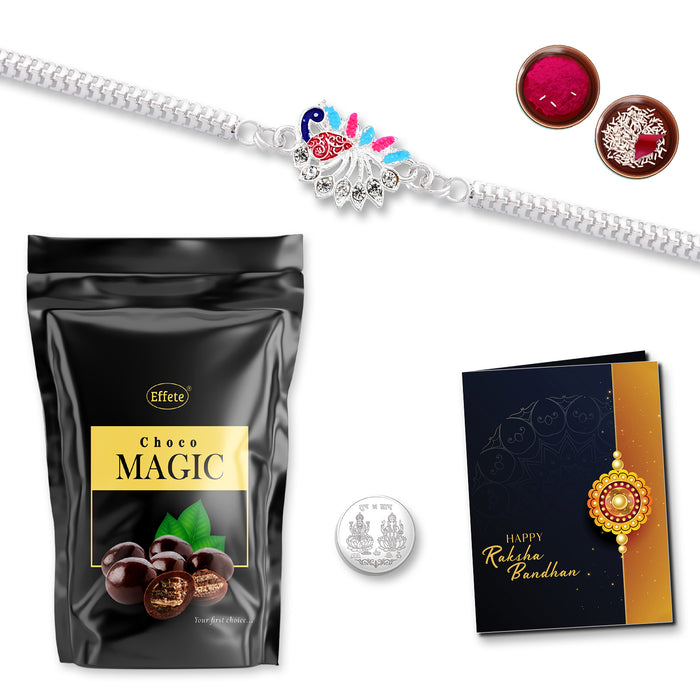 Peacock Design With Colorful Stone Bracelet With Effete Standy Pouch 40Gm ,Silver Color Pooja Coin, Roli Chawal & Greeting Card