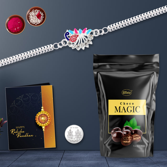 Peacock Design With Colorful Stone Bracelet With Effete Standy Pouch 40Gm ,Silver Color Pooja Coin, Roli Chawal & Greeting Card