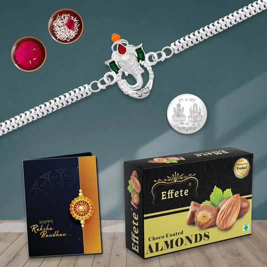 Bracelet Style Ganesh Rakhi Gift Box with Chocolates, Roli Chawal ,Silver Coin& Greeting Card, Rakhi Gift Combo