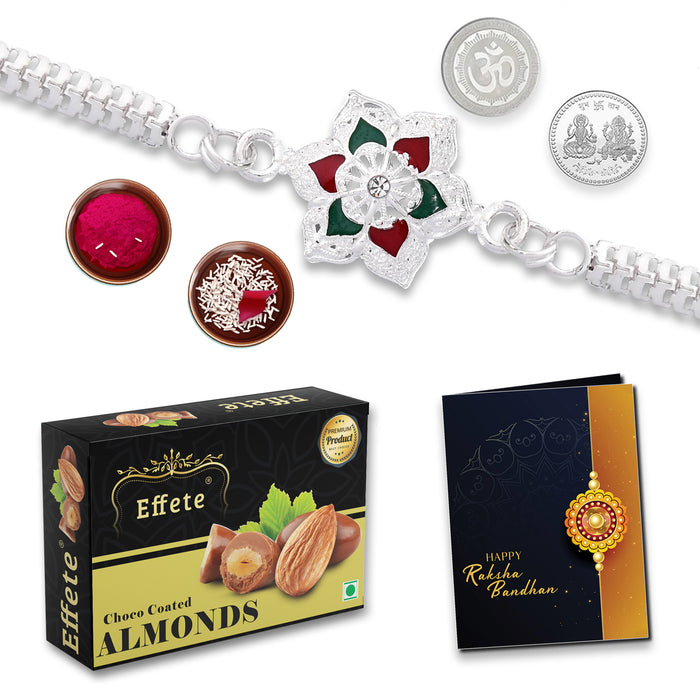 Flower Shape With Red & Green Mina Bracelet With Effete Choco Almond Chocolate 32Gm ,Silver Color Pooja Coin, Roli Chawal & Greeting Card