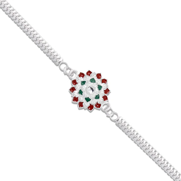 Silver Chain Rakhi – Elegant for Brother, Red & Green Accents