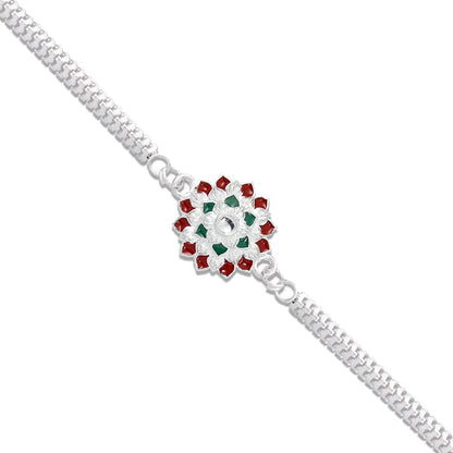 Silver Chain Rakhi – Elegant for Brother, Red & Green Accents
